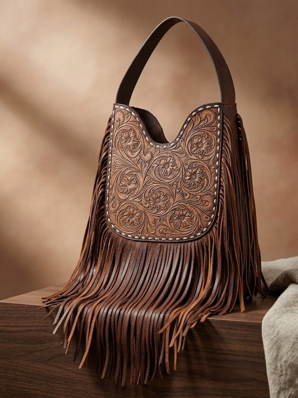Western Fringe Tooled Shoulder Bag - Picture 5 of 6